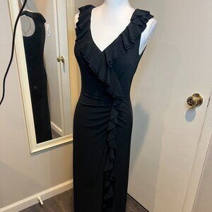 LAUREN Ralph Lauren Evening Black ruffled collar Faux Wrap Jersey Gown, Size 4
